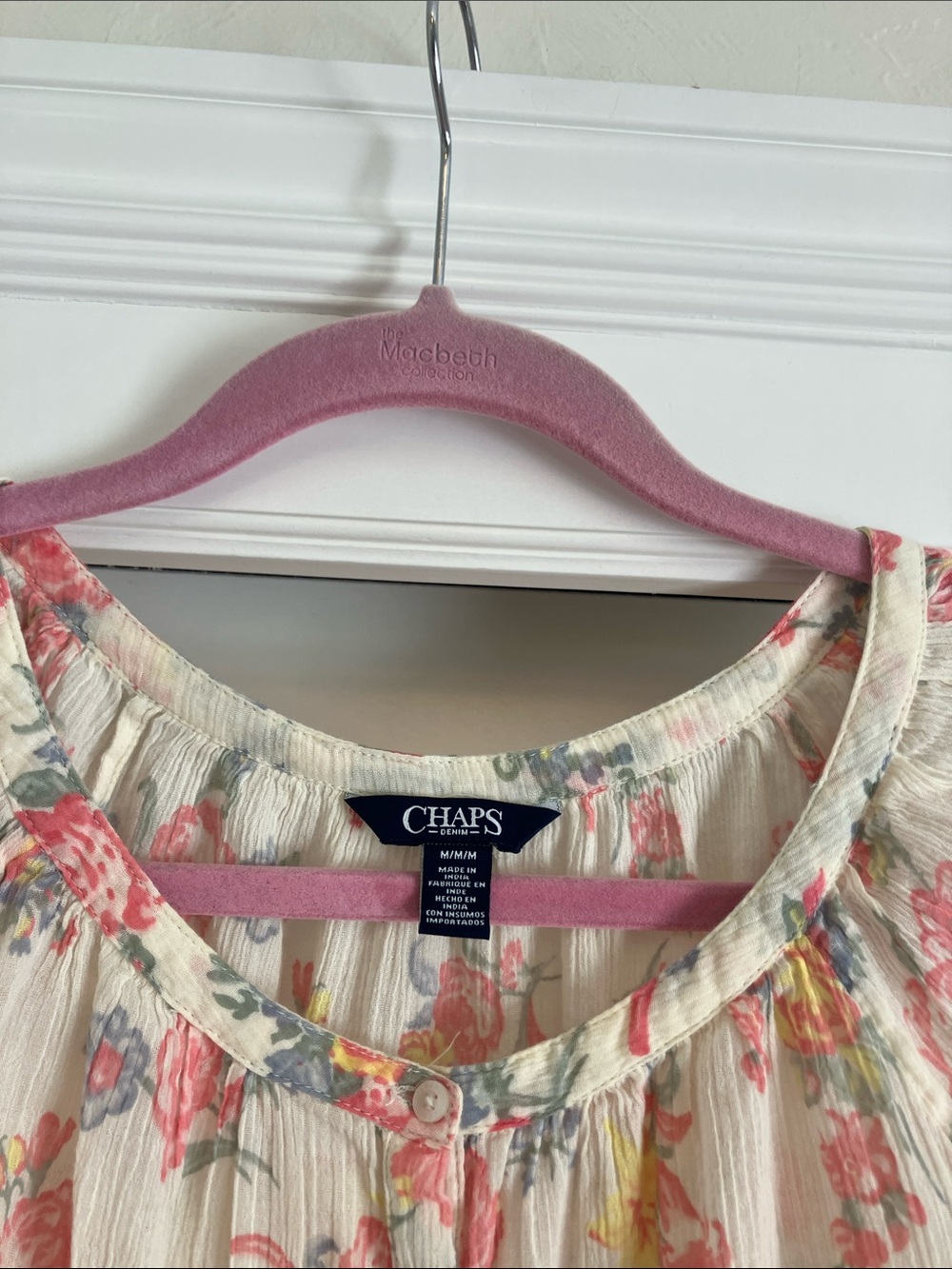 Chaps Cream Floral Peasant Top with Coral and Yellow Blooms - Picture 6 of 7